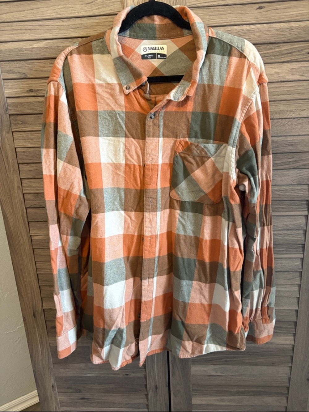 Magellan Outdoors Orange, Green and White Plaid Long-Sleeve Button-Down Shirt